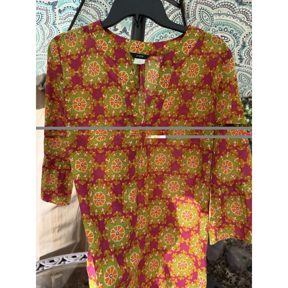 J.Crew Womens S Cotton Tunic Top Pink Green Orange Floral Boho 3/4 Sleeve